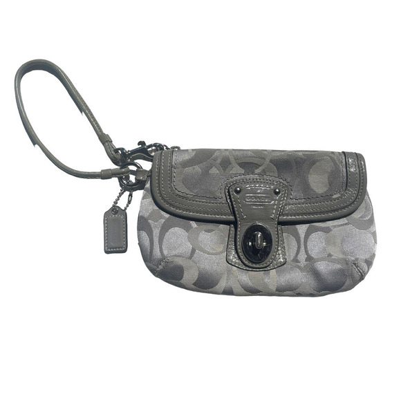 COACH Signature Gray Monogram Leather & Canvas Flap Wristlet - Picture 1 of 13